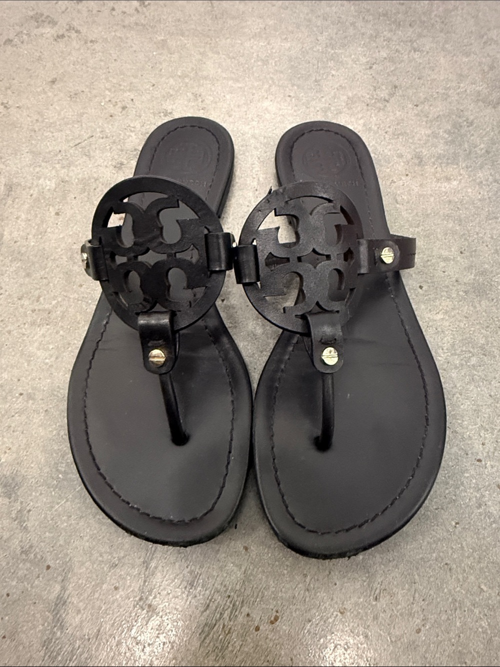 Tory Burch Black Leather Logo Thong Sandals